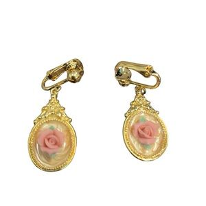 Avon Victoria Rose drop Gold and Pink Rose Clip-On Earrings NIB 1989